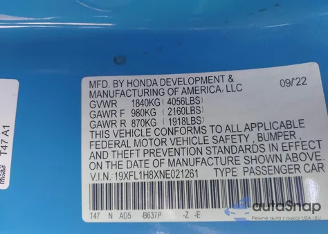 2022 Honda Civic Sport Touring from USA, damaged, VIN 19XFL1H8XNE021261